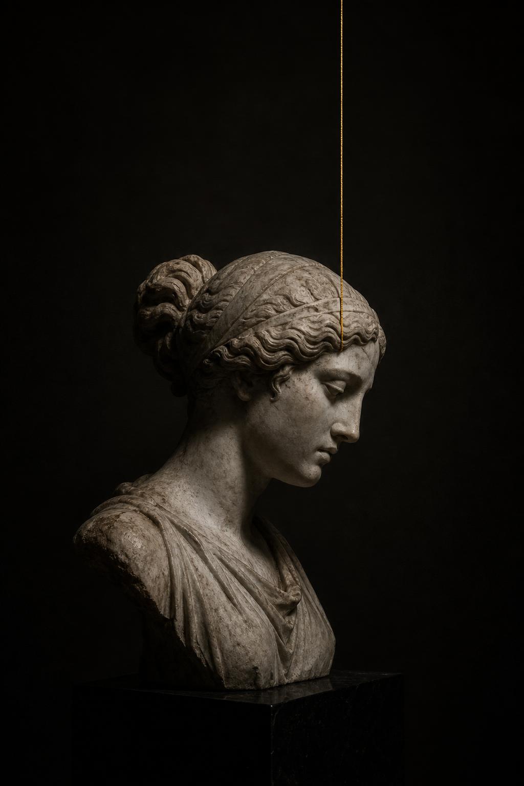 A weathered marble bust of a figure in profile, a single antique-gold thread descending from the dark above them.