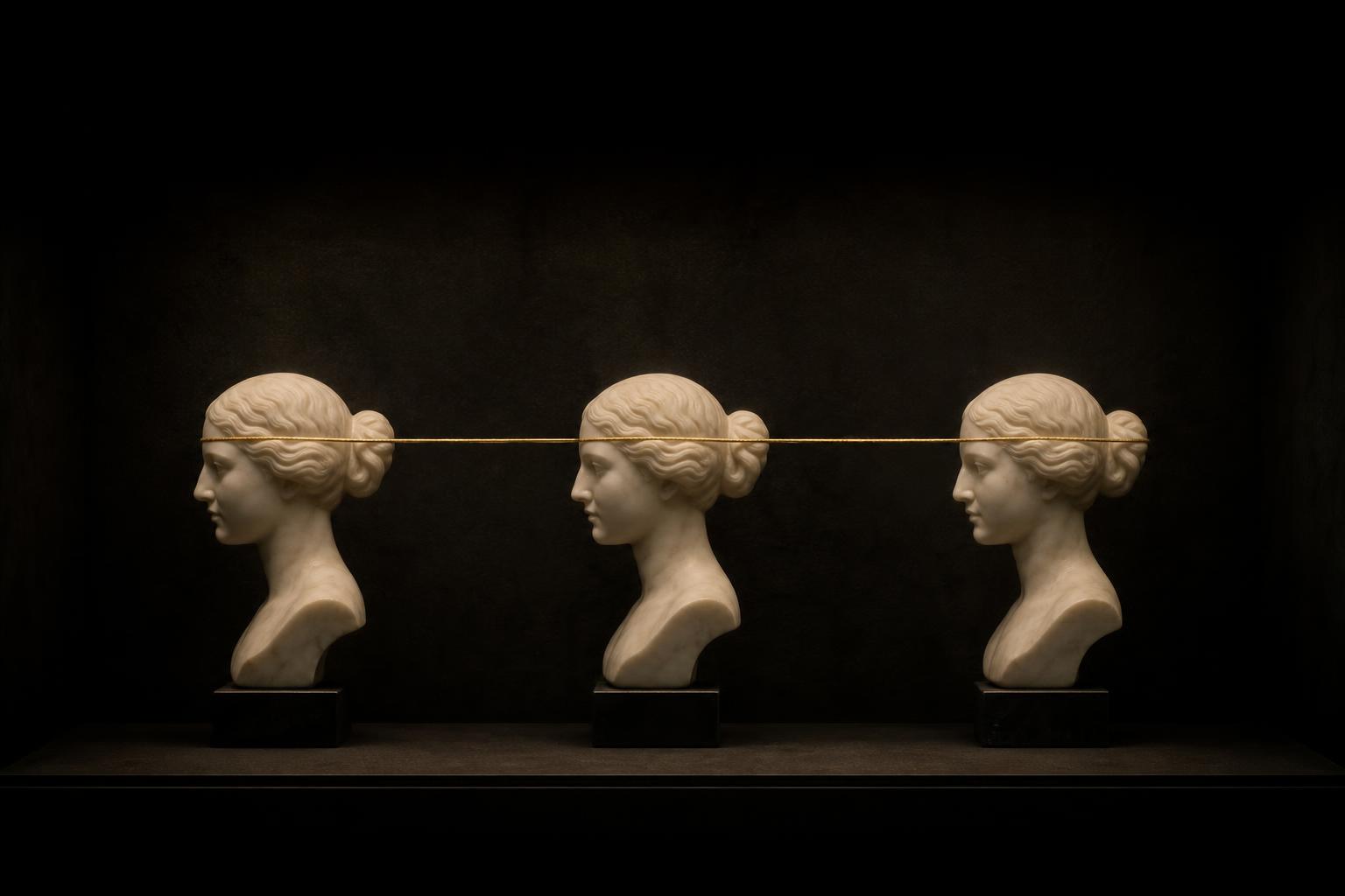 Three identical marble busts in profile in a dark gallery niche, connected by a single horizontal antique-gold thread weaving across their foreheads.